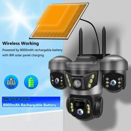 4G LTE V380Pro Triple Lens Solar Powered Security Camera System PIR Motion Alarm Network CCTV Camera 3 Screens Recorder 4G Sim Supported IP Camera - Black